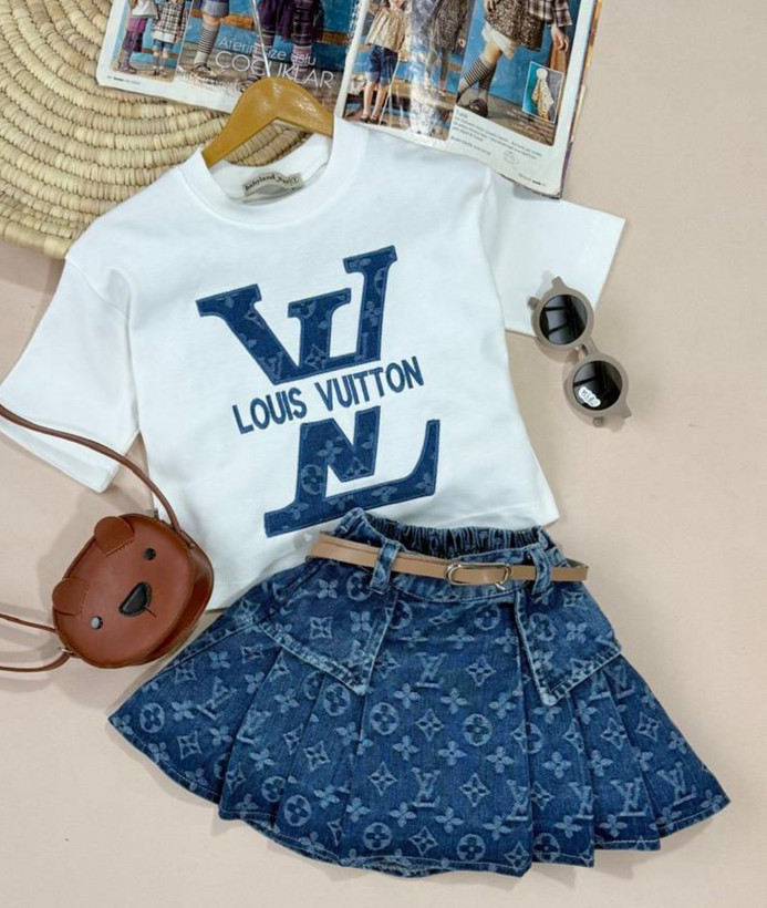 تیشرت پنبه و دامن جین دخترانه LV